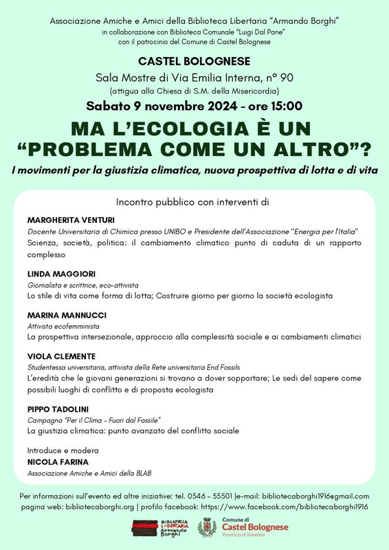 Sabato 9 novembre incontro pubblico a Castel Bolognese: l’ecologia è un “problema come un altro”? Sabato 9 novembre incontro pubblico a Castel Bolognese: l’ecologia è un “problema come un altro”?