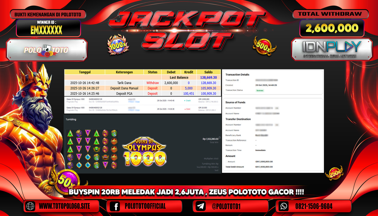POLOTOTO JACKPOT SLOT GATES OF OLYMPUS 1000 Rp.2.600.000,- LUNAS