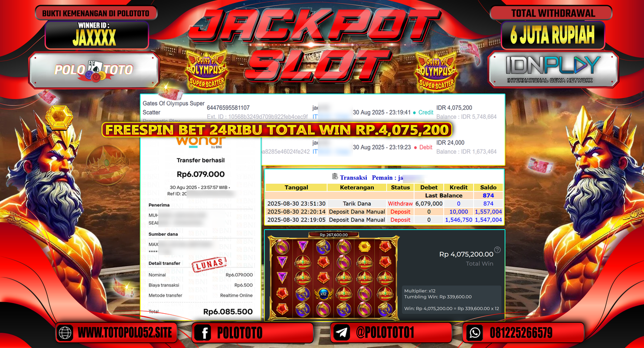POLOTOTO JACKPOT SLOT GATES OF OLYMPUS SUPER SCATTER Rp.6.079.000,-