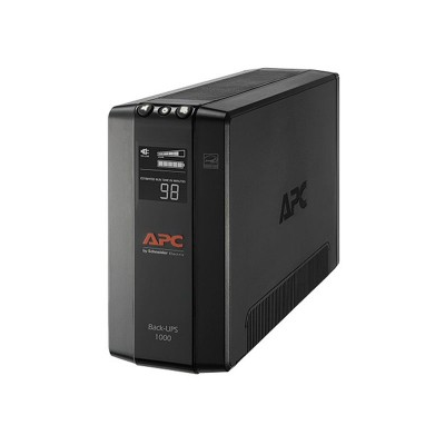 UPS APC Back-UPS Pro BX1000M-LM60 mostrando su pantalla LCD y tomas de corriente.