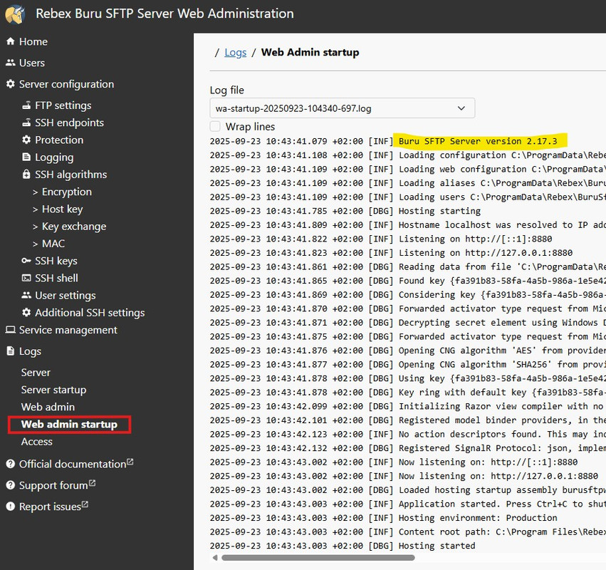 Web admin startup log screenshot