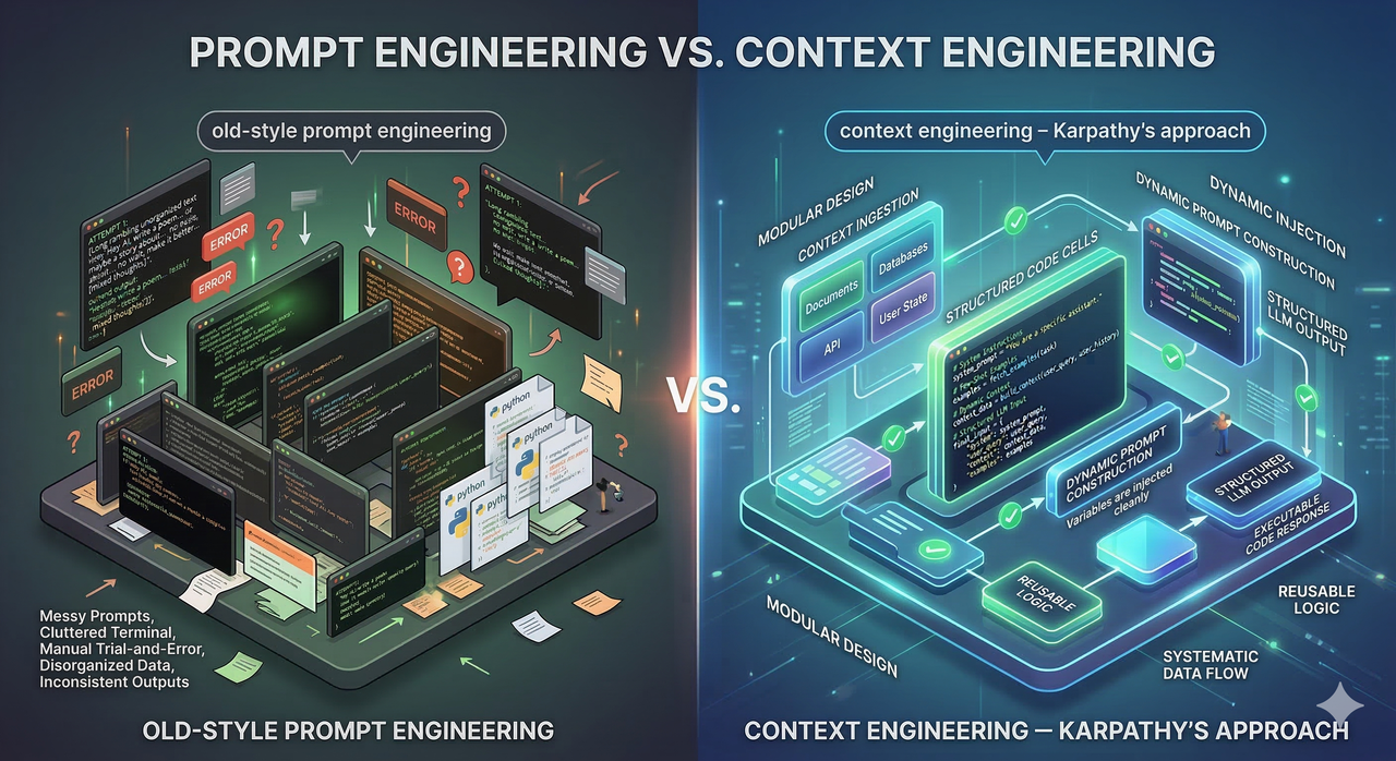 Split-screen comparison showing chaotic old-style prompt engineering versus structured context engineering approach popularized by Andrej Karpathy