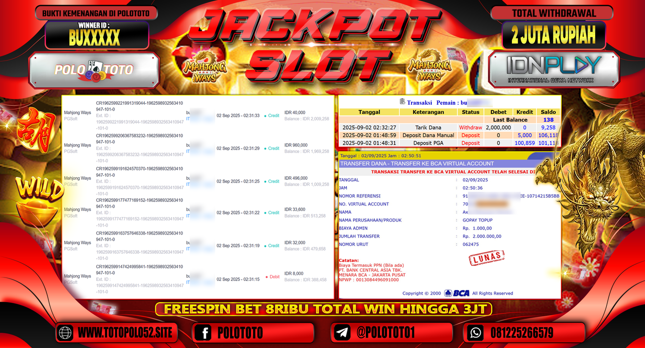 POLOTOTO JACKPOT SLOT MAHJONG WAYS Rp.2.000.000,-