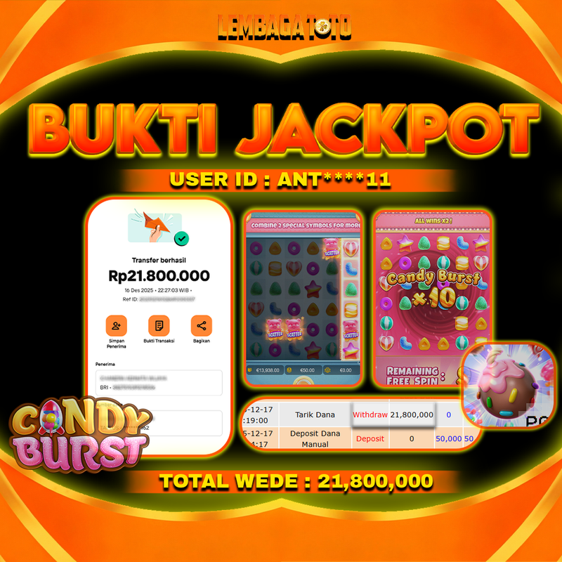 BUKTI JACKPOT 17 DECEMBER LEMBAGATOTO CANDY BURST Rp21,800,000,- LUNAS