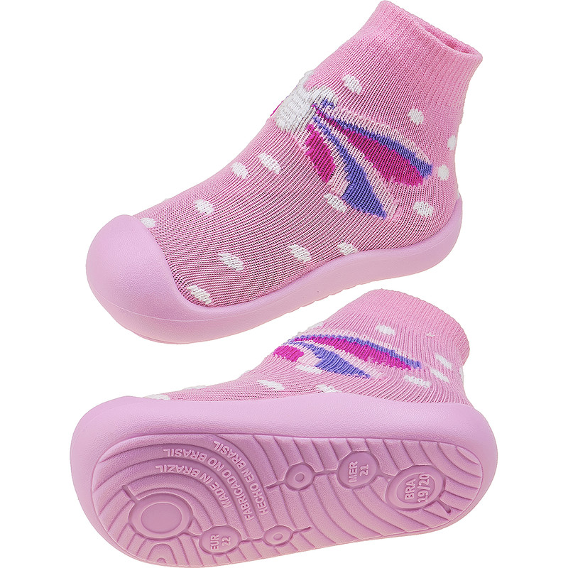 Meia com sola rosa infantil antiderrapante borboleta miniatura 8