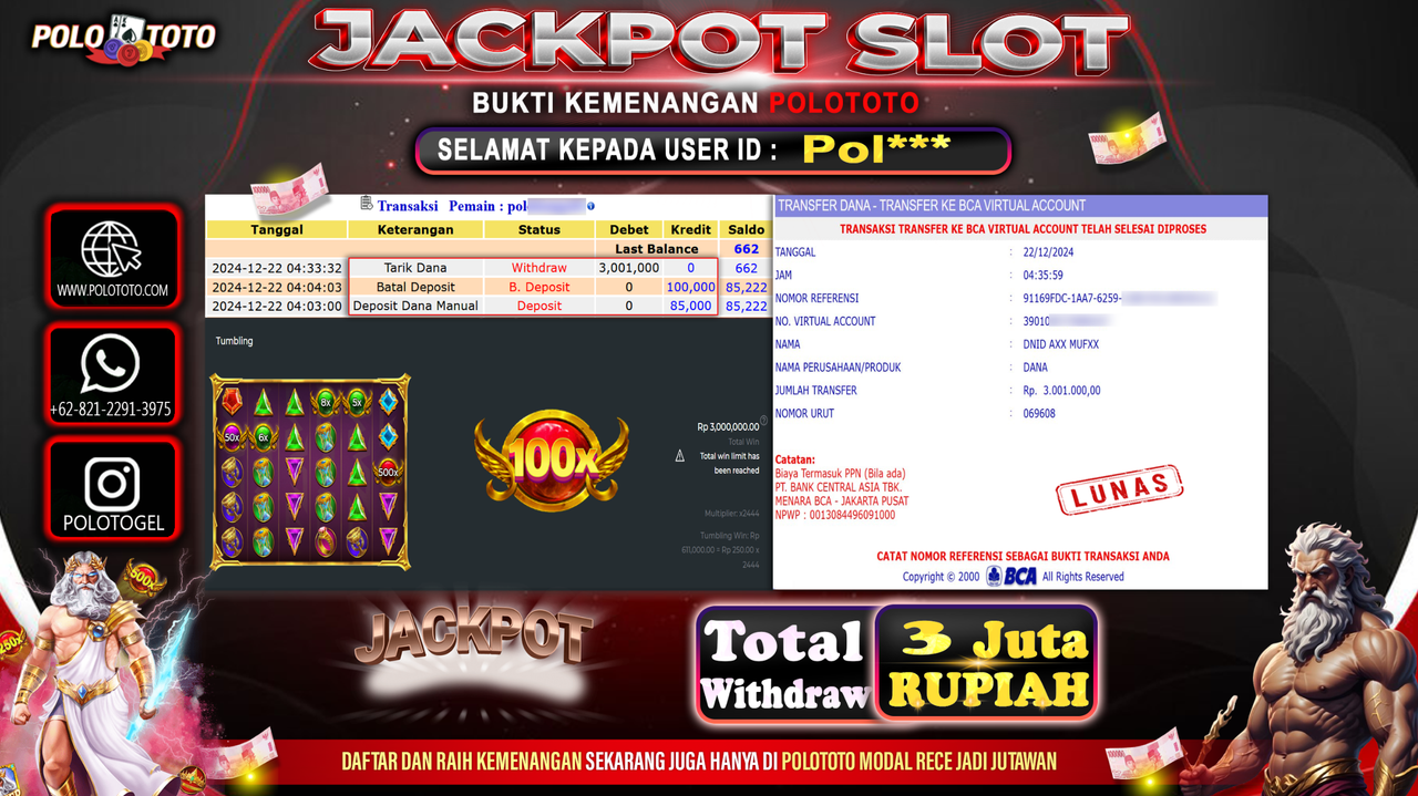 POLOTOTO JACKPOT SLOT GATES OF OLYMPUS Rp.3,000.000,-