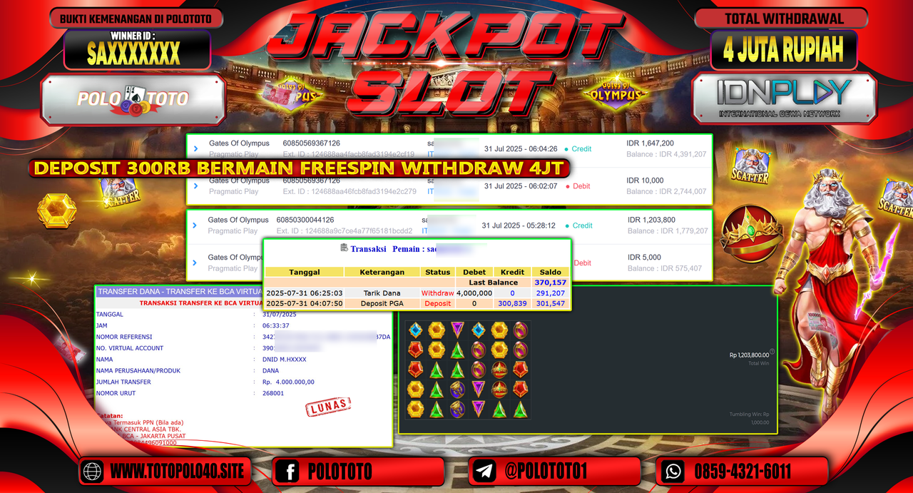 POLOTOTO JACKPOT SLOT GATES OF OLYMPUS Rp.4.000.000,-LUNAS