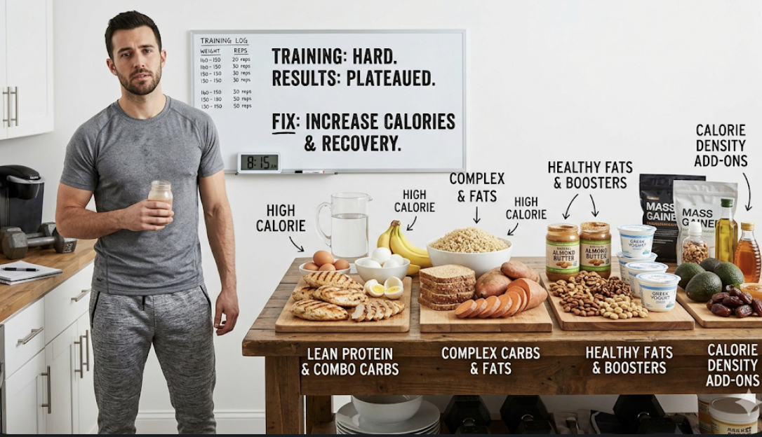 Assortment of high-calorie whole foods for muscle growth including chicken breast, rice, eggs, avocado, nuts and sweet potatoes, representing training but no results fix