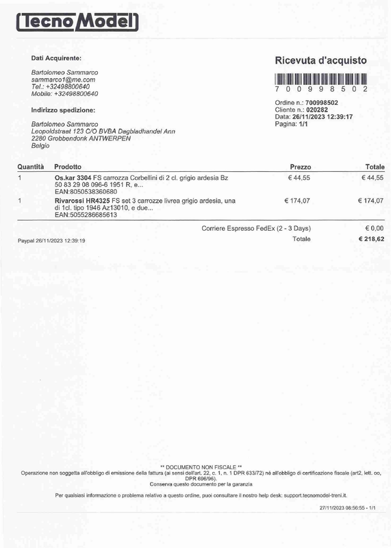 Tecnomodel - Ordine 7009988502 - OsKar Art 3304 Carrozza Corbelini di2°cl    Rivarossi Art HR4325 - 