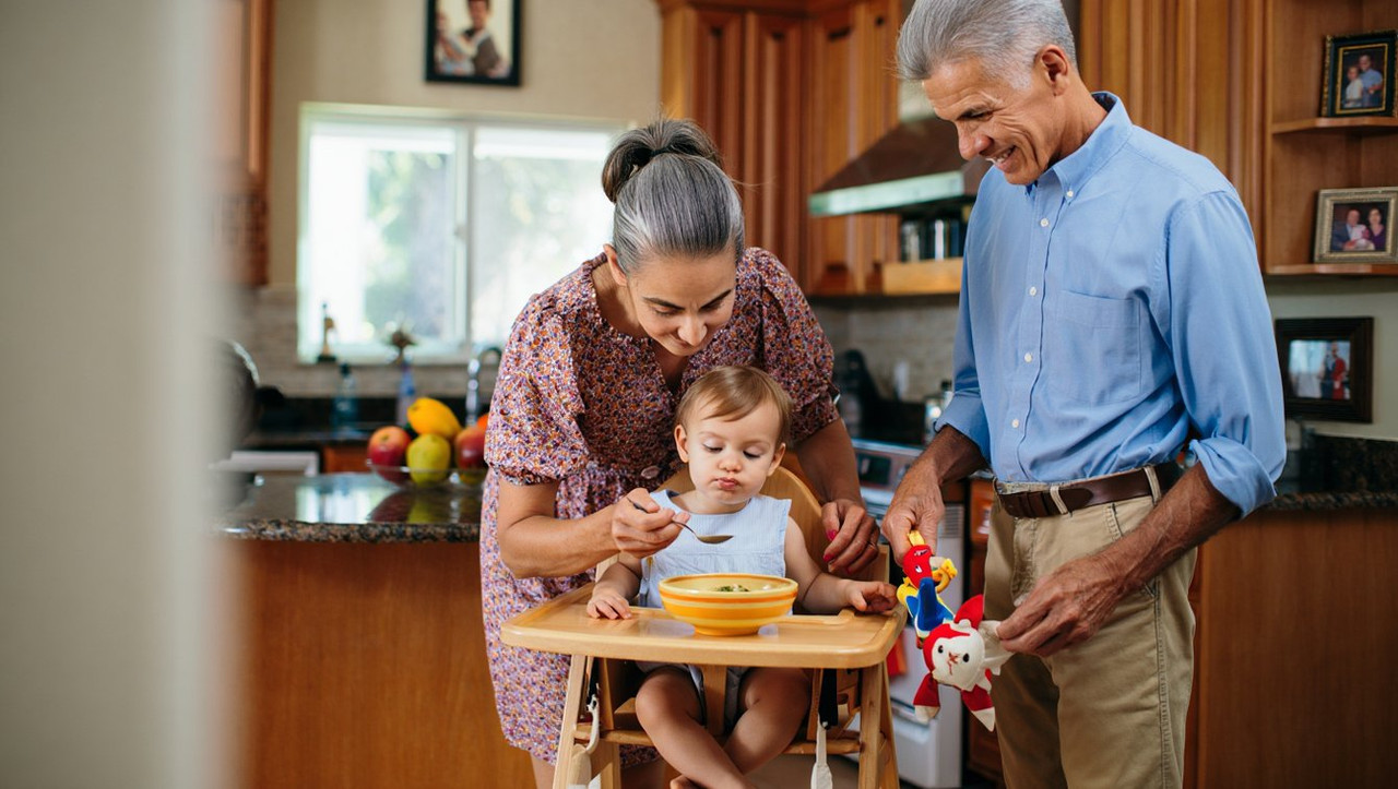 Бабушки и дедушки помогают молодой семье с малышом