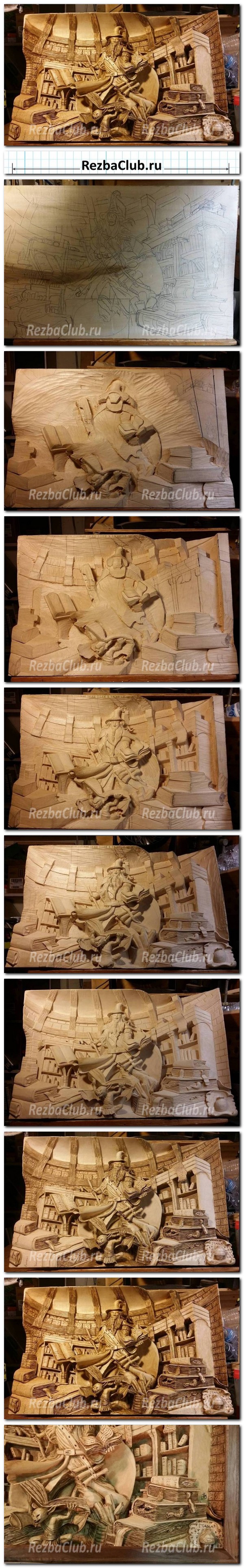 Плакат как вырезать панно с волшебником изучающим книги