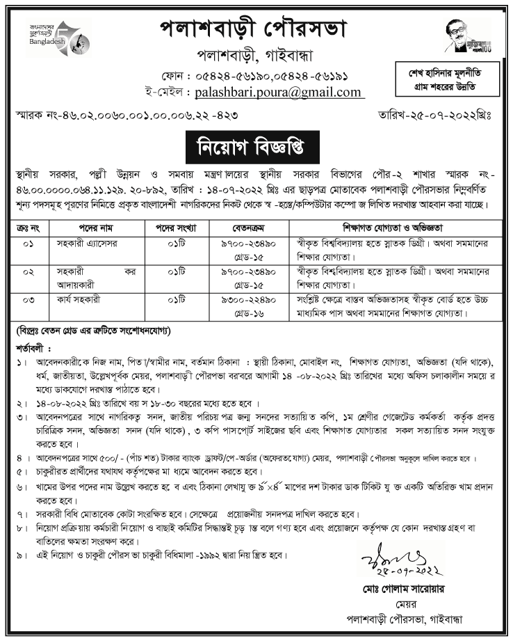 Palasbari Paurashava Job Circular 2022