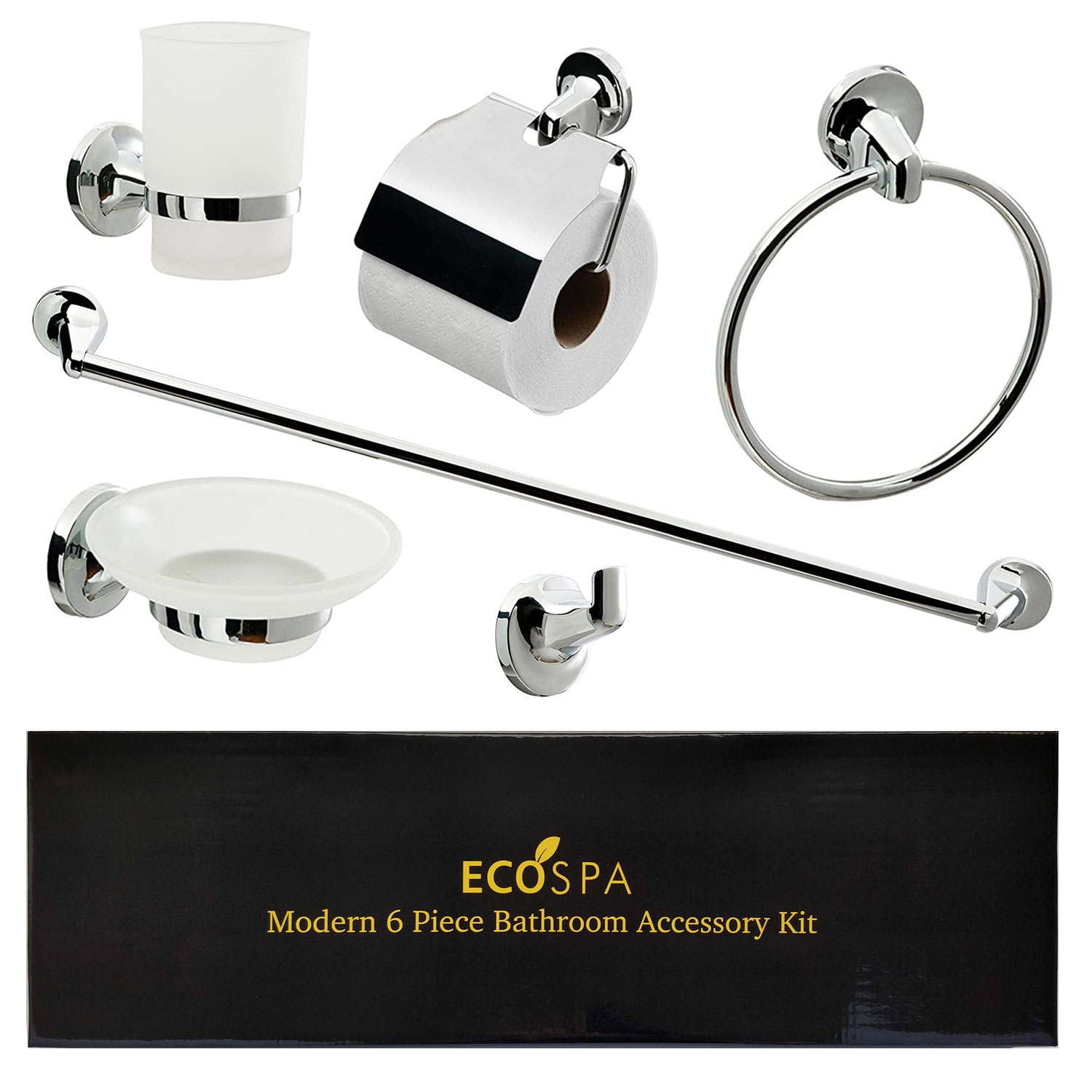 ECOSPA Bathroom Accessories Set 6 Piece Pack Chrome Wall Mounted Easy