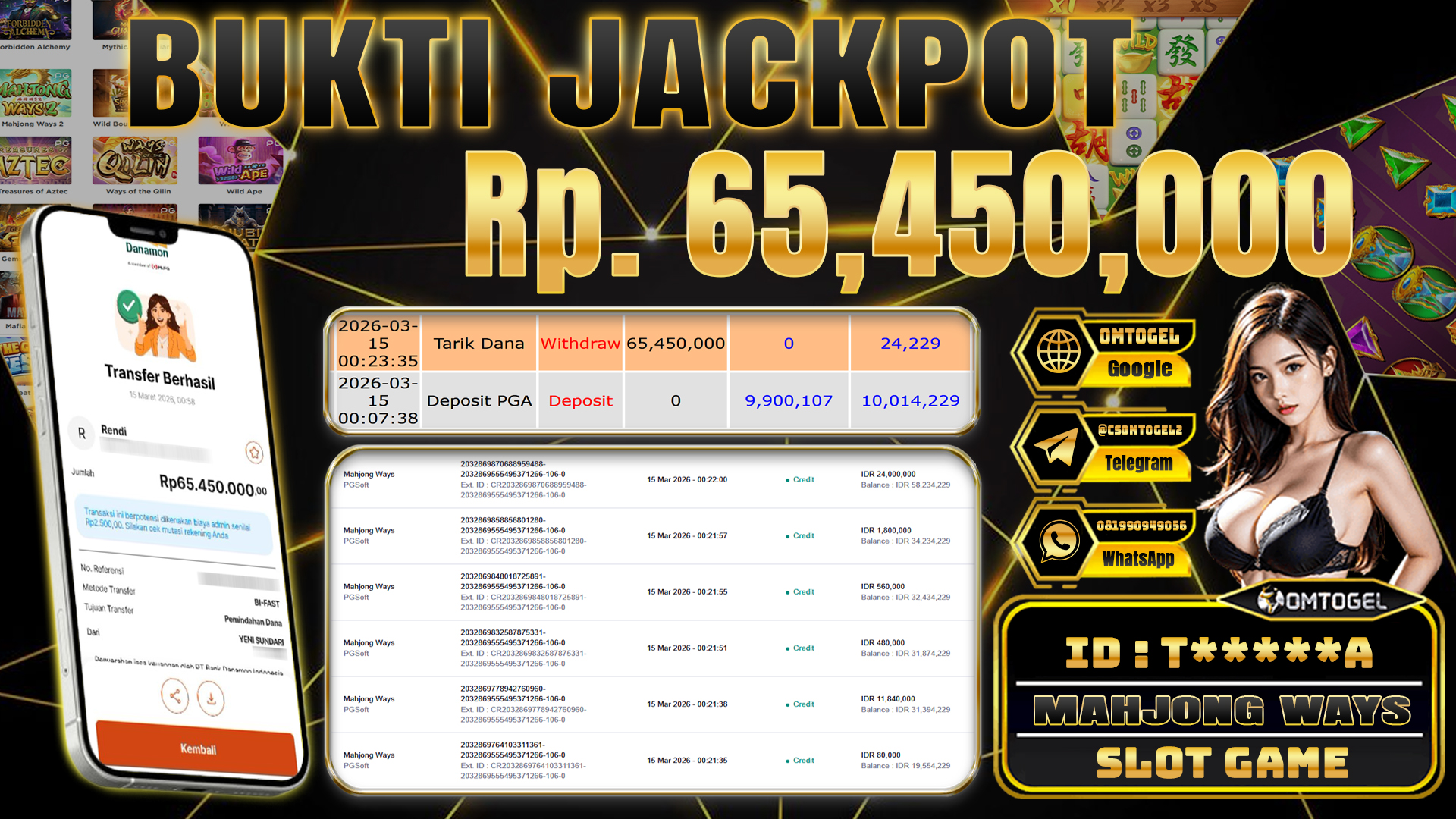 OMTOGEL JACKPOT PG SOFT MAHJONG WAYS, .65 JUTA DI BAYAR LUNAS ,-