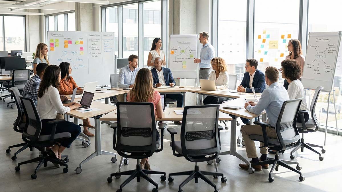 Мобильные столы для воркшопа, составленные для групповой работы