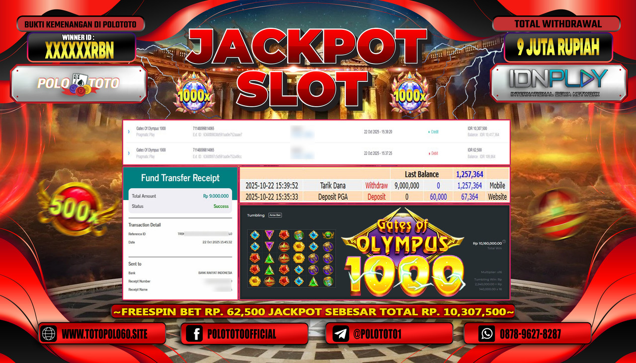 POLOTOTO JACKPOT SLOT GATES OF OLYMPUS Rp.9.000.000,- LUNAS