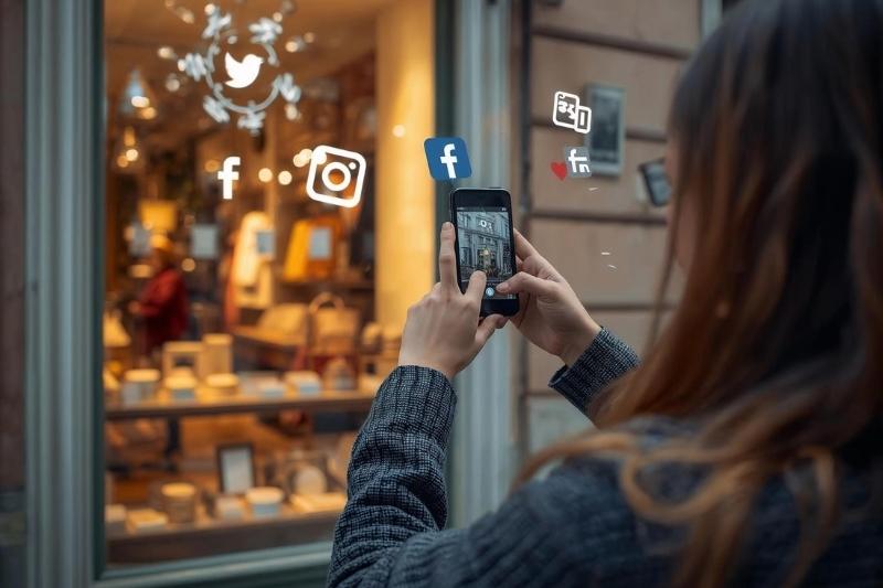 Marketing locale sui social: connessione tra negozi e community Giovane donna fotografa con lo smartphone la vetrina di un negozio, circondata da icone dei social media come Facebook, Instagram, LinkedIn e Twitter, simbolo del marketing locale e della promozione digitale