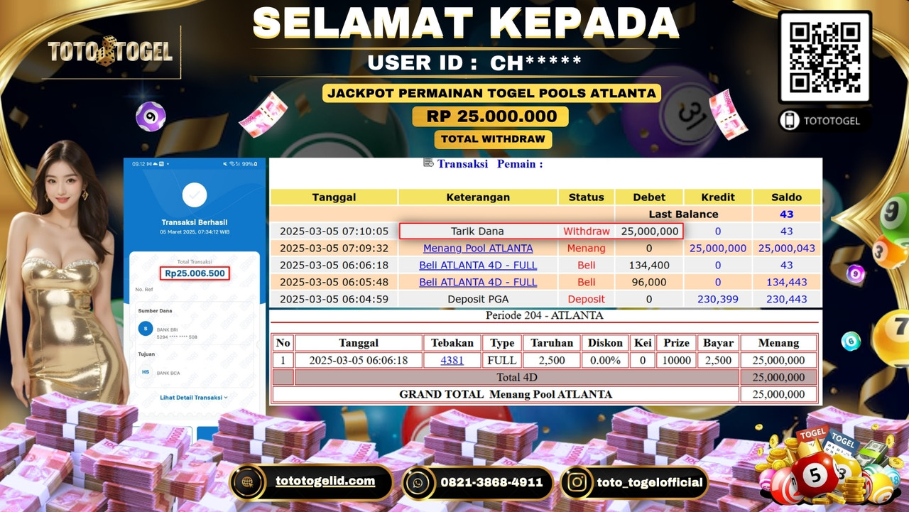 Bukti Pembayaran Jackpot  Permainan Togel Pools Atlanta  ID:CH***** LUNAS