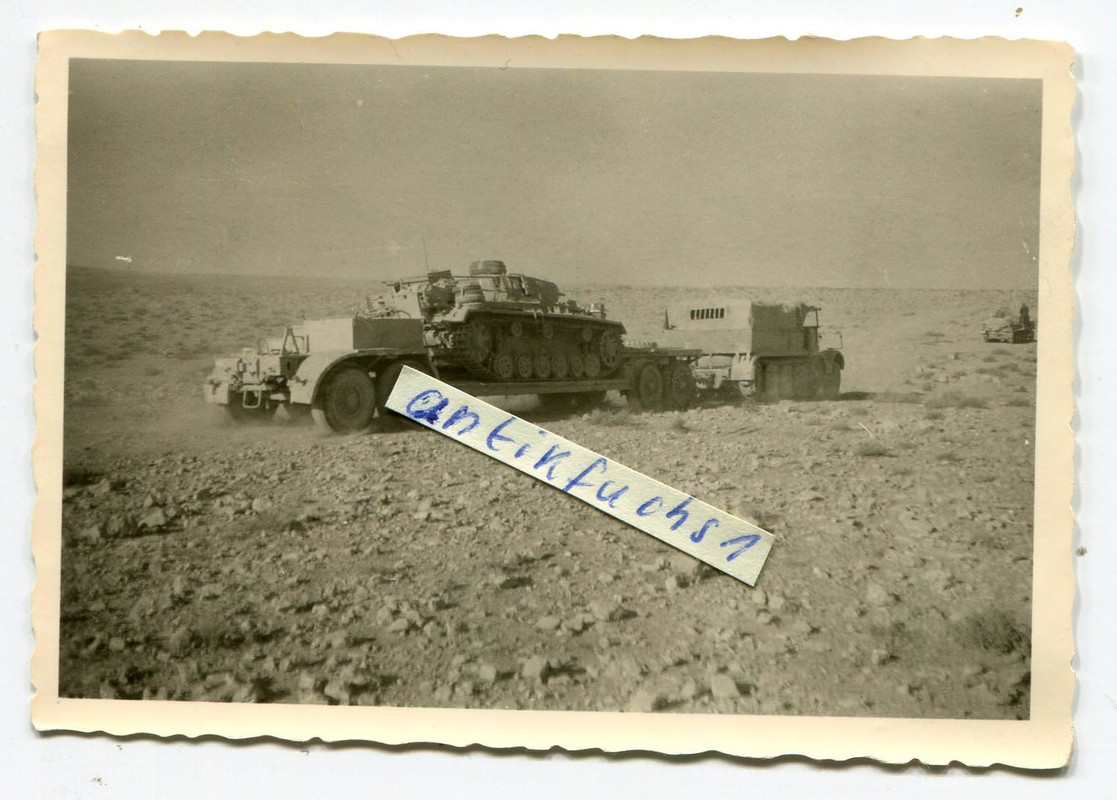 Deut. Panzer auf Tieflade-Anhänger beim Afrikakorps in Afrika im