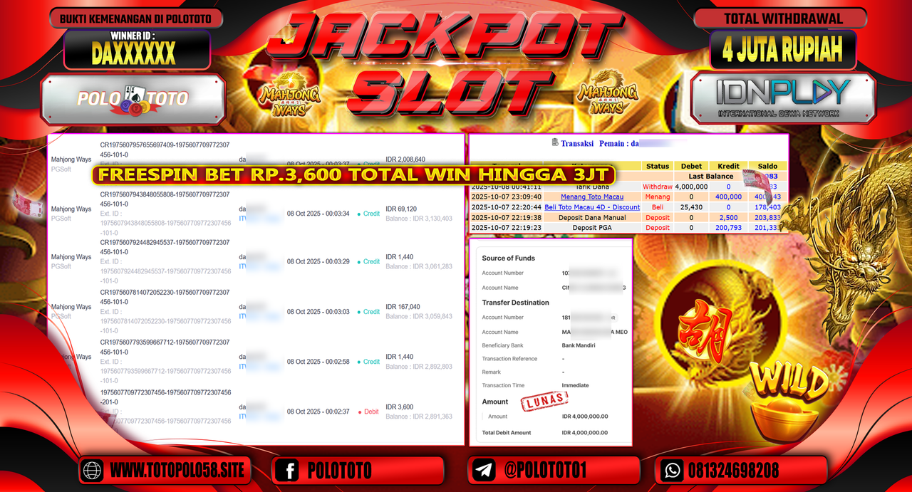 POLOTOTO JACKPOT SLOT MAHJONG WAYS Rp.4.000.000,- LUNAS