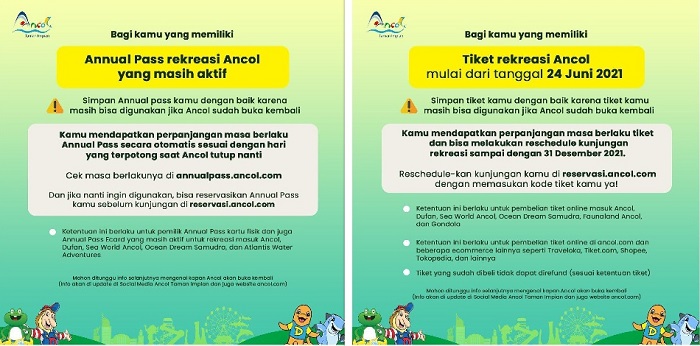 Pihak manajemen Ancol memberi kelonggaran bagi para pemegang tiket untuk mendapatkan perpanjangan dan reschedule sampai 31 Desember 2021.