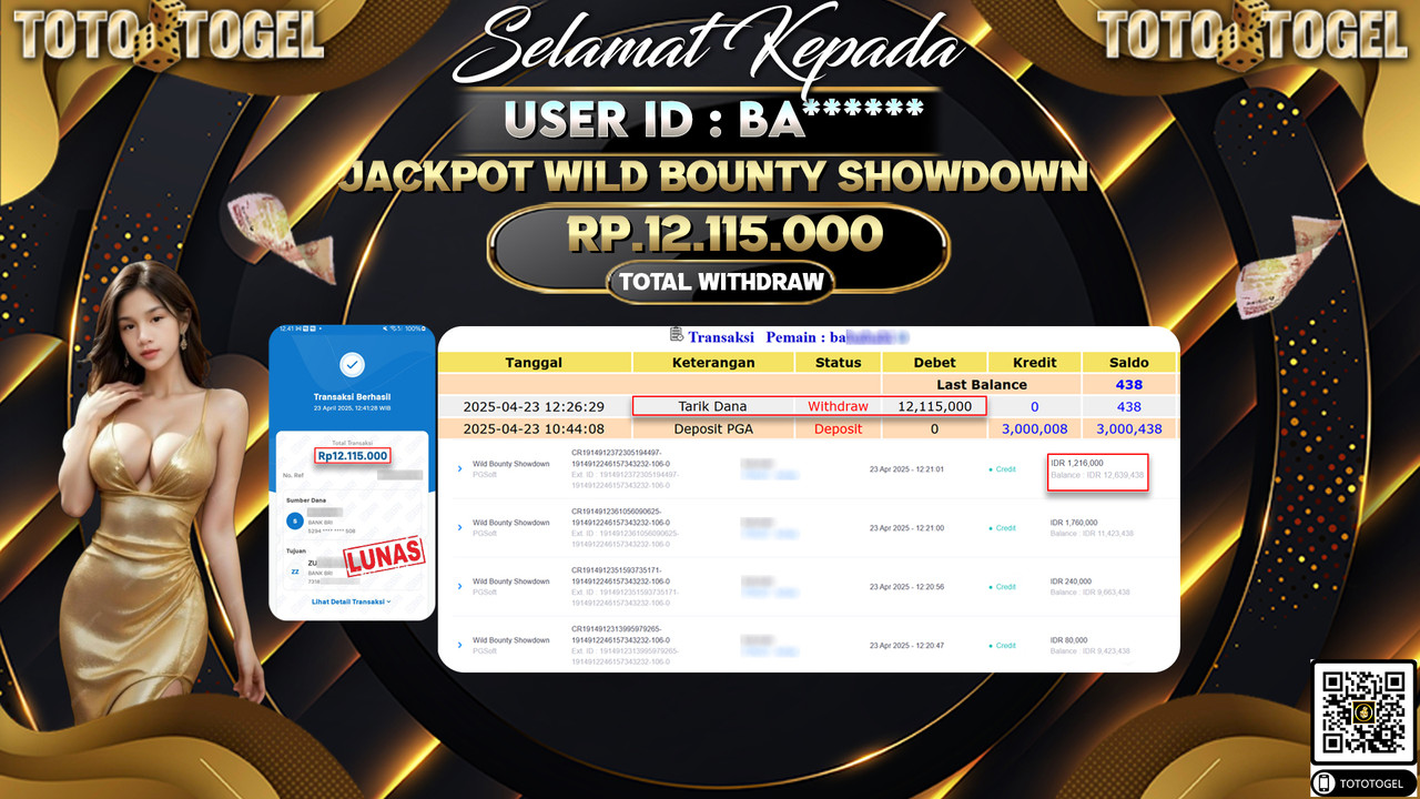 Bukti Pembayaran Jackpot  Permainan Slot Wild Bounty Showdown ID:BA***** LUNAS