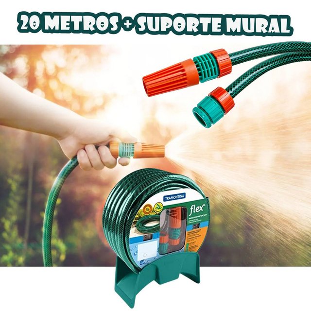 Mangueira Flex Tramontina Com Engates Rosqueados E Esguicho Em Pvc Verde 20 M Com Suporte Mural