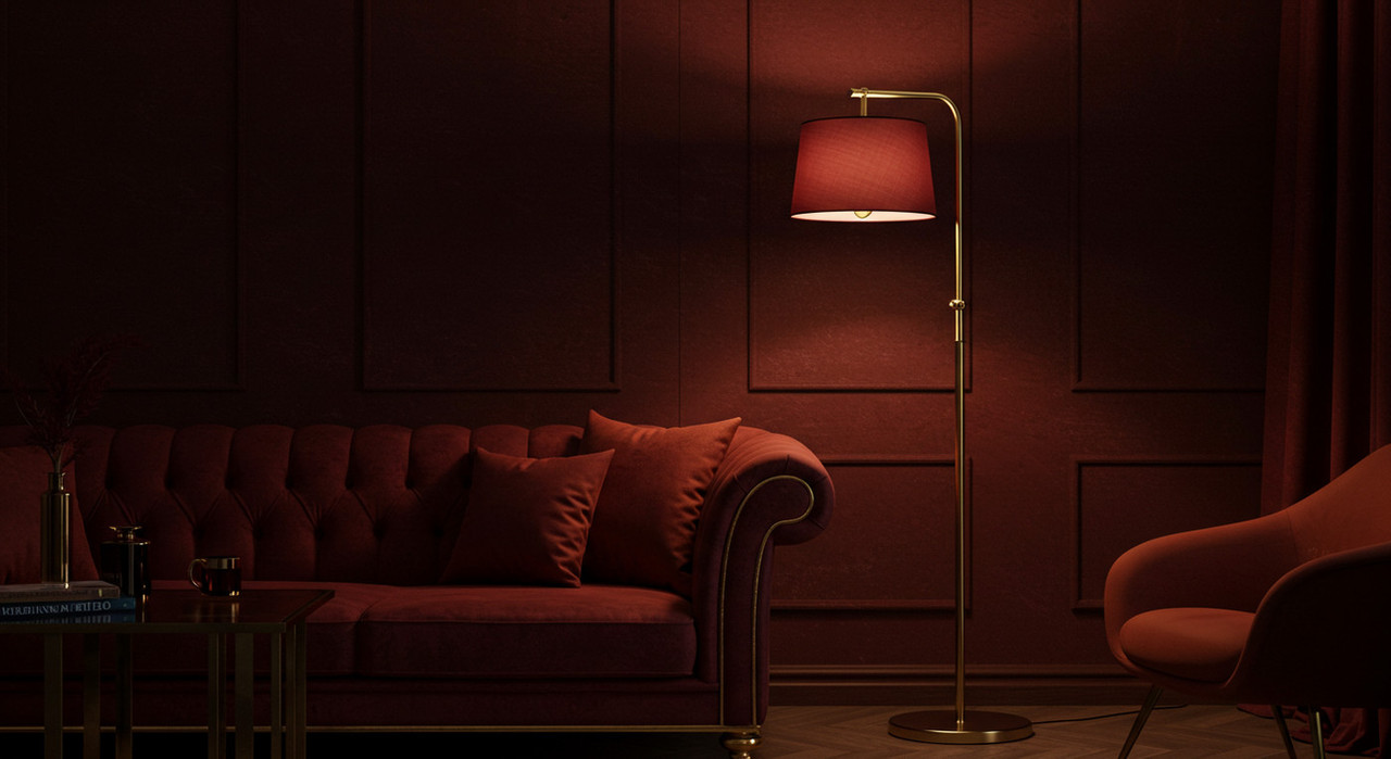 современный интерьер с торшером в бордовом цвете