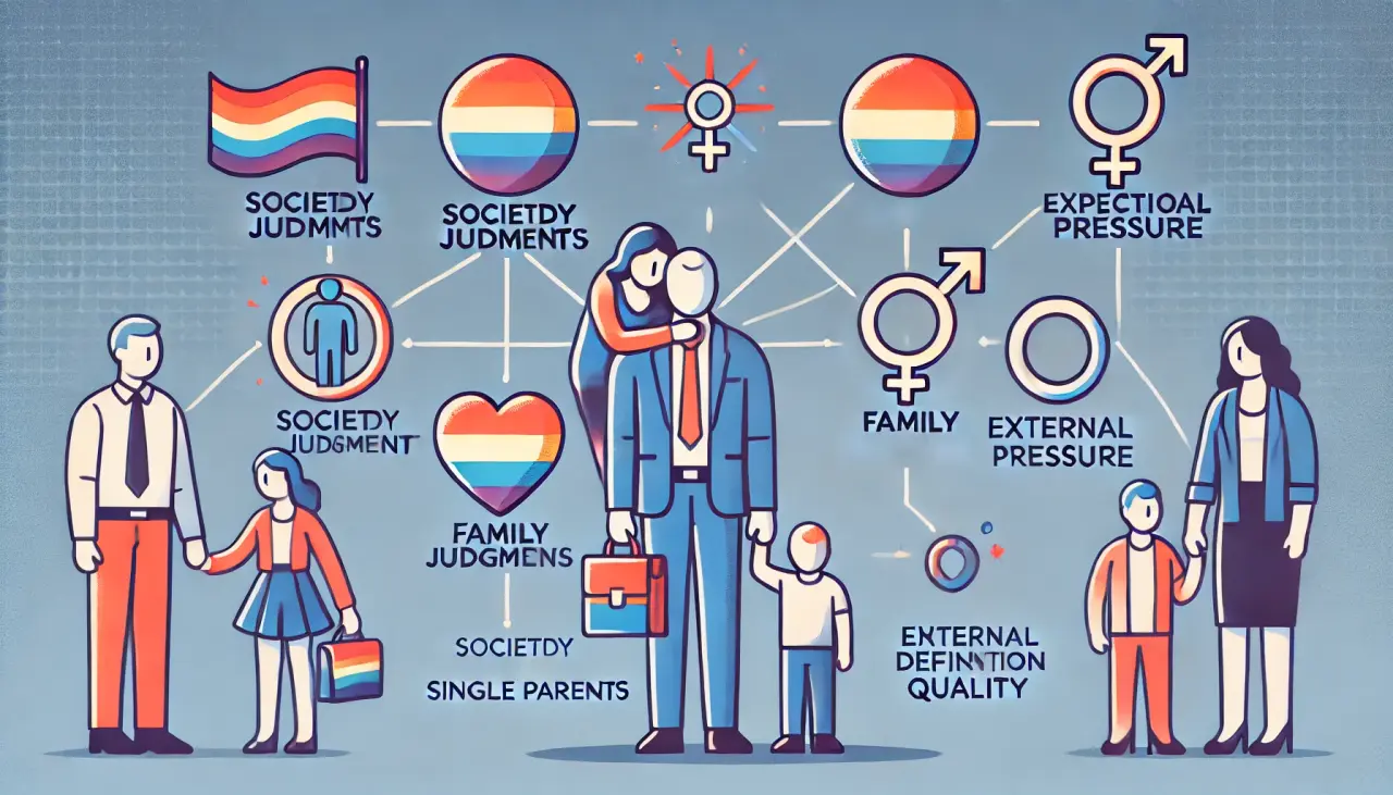 Pressure from societal norms and family expectations faced by LGBTQ+ single parents.