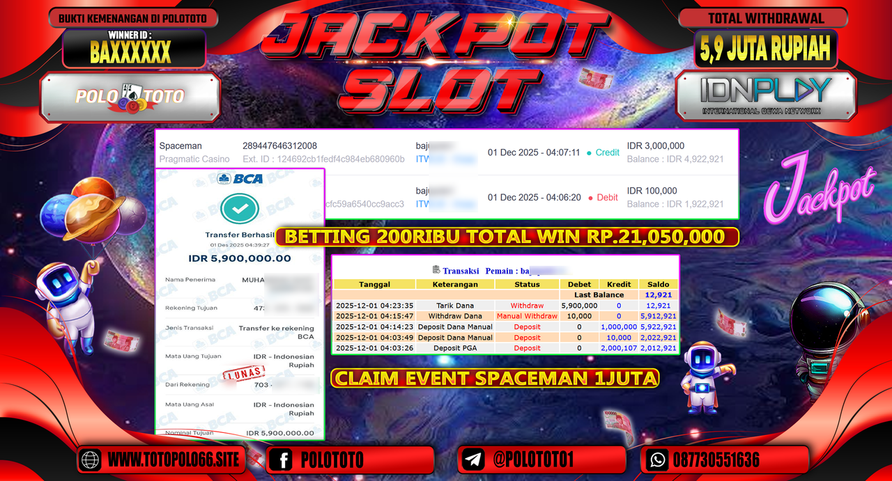 POLOTOTO JACKPOT SLOT SPACEMAN Rp.5.9000.000,- LUNAS