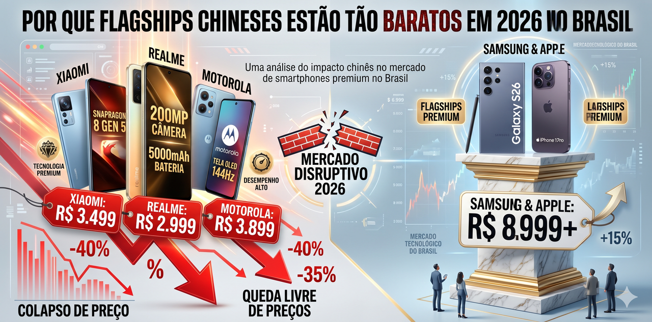 O colapso dos preços dos flagships chineses em 2026: por que Xiaomi, Realme, Oppo e Motorola entregam quase top de linha por R$ 3.000–5.500 enquanto Samsung e Apple resistem