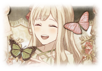 Main graphic of Nadia Proust. Behind her are green curtains with flowers and vines attached at the end. Along with that, two fluttering butterflies, surround her. There is a pink butterfly and a green butterfly.