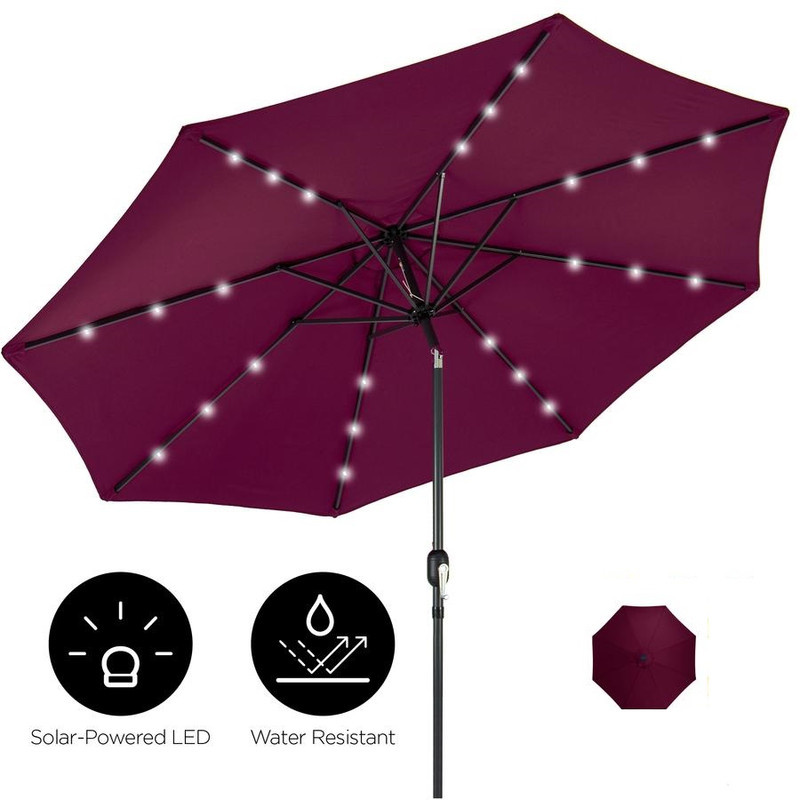 10ft Led Patio Umbrella Lighted Solar Powered Sunshade Red Burgundy Canopy Large Ebay