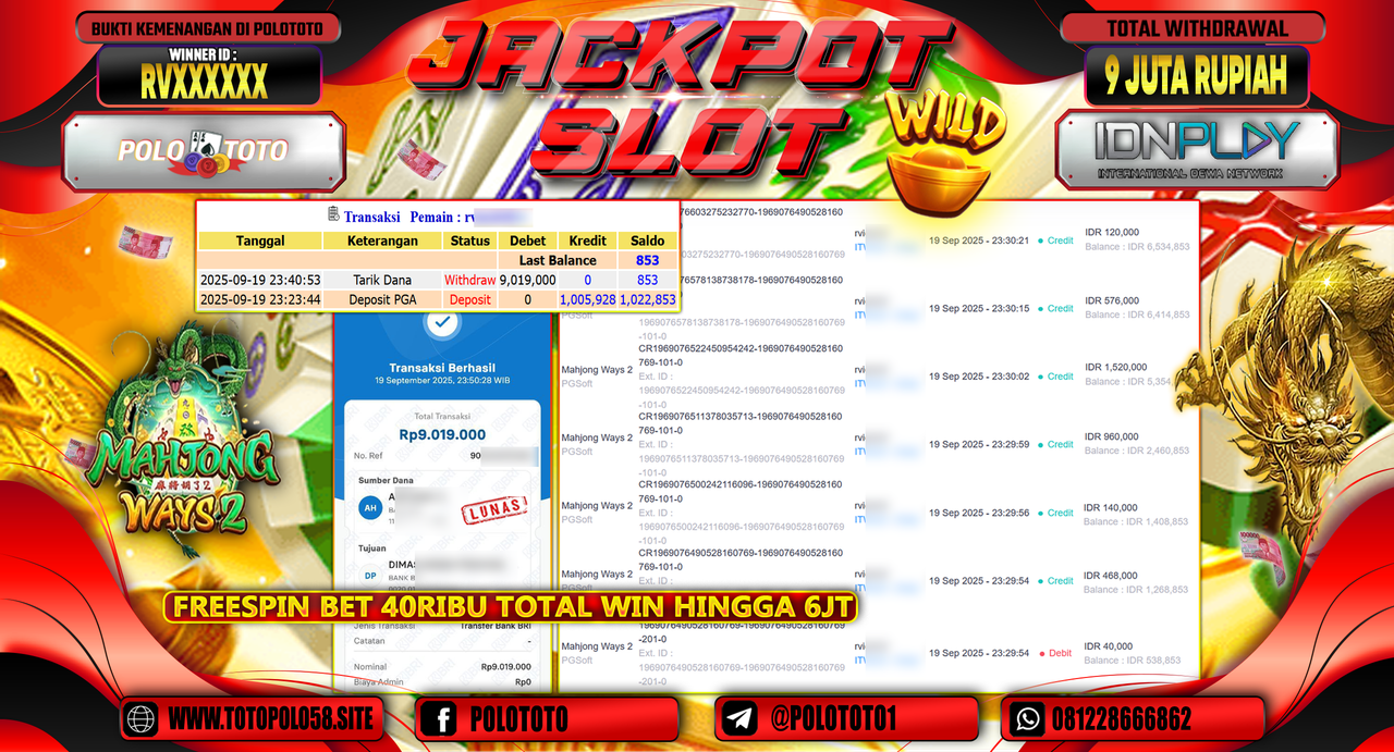 POLOTOTO JACKPOT SLOT MAHJONG WAYS 2 Rp.9.019.000,- 