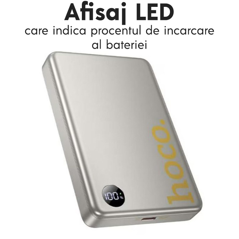 Baterie externa cu incarcare wireless Hoco Q34, 20W, 1xUSB-C, 1xUSB, PD, QC3.0, 10000mAh, Incarcare rapida, Auriu Baterie Mag Safe Hoco Q34 Capacitate 10 000m Ah Afisaj digital Port Type C Bej 1
