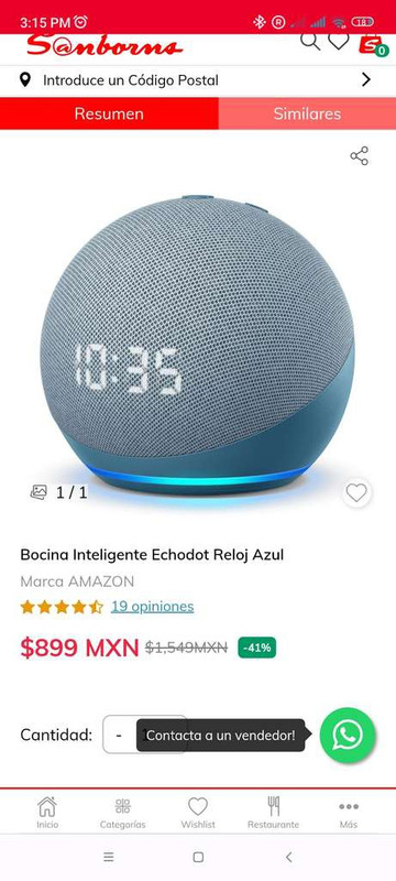 Sanborns: Bocina inteligente Echo Dot 4 (La del reloj) 
