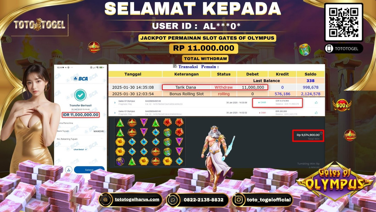 Bukti Pembayaran Jackpot  Permainan Slot Gates Of Olympus  ID:AL****0* LUNAS