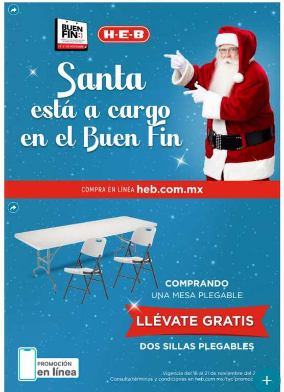HEB: Comprando 1 mesa plegable, llévate gratis 2 sillas plegables