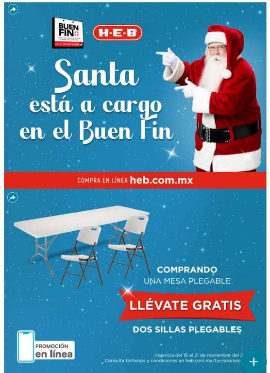 HEB: Comprando 1 mesa plegable, llévate gratis 2 sillas plegables 
