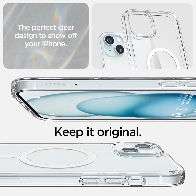 Forro Spigen Crystal Hybrid en un iPhone 15 Plus, mostrando su diseño transparente.
