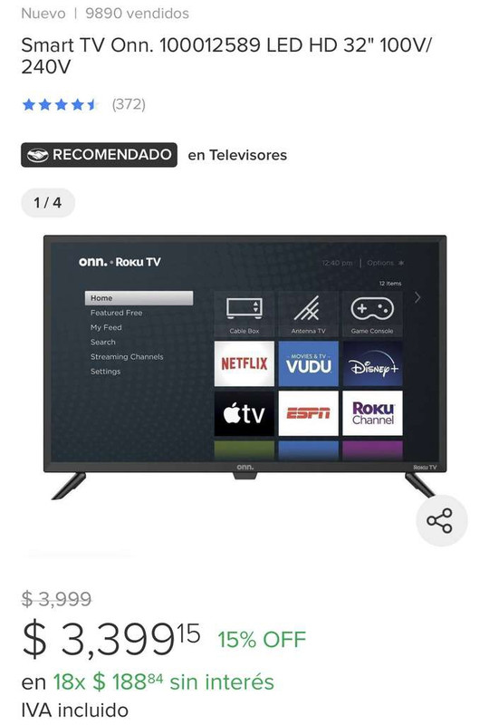 Mercado Libre Televisión Smart TV Onn LED HD 32" roku