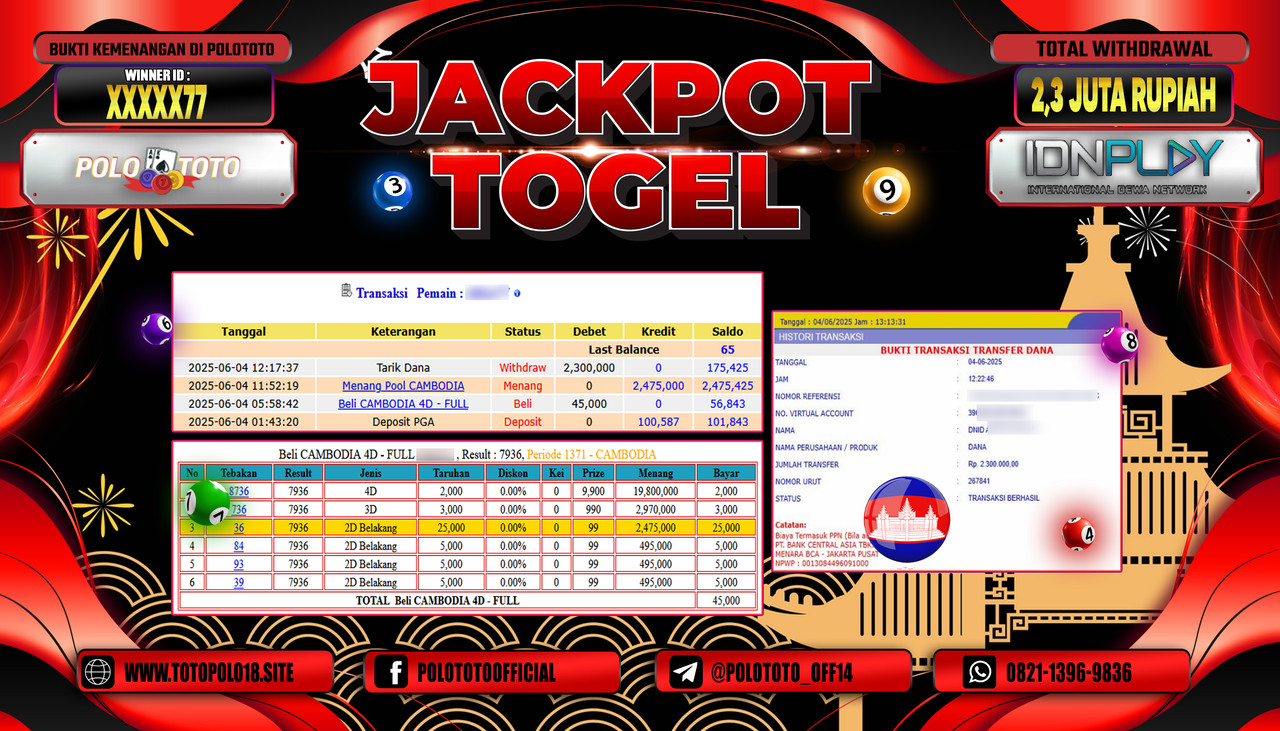 POLOTOTO JACKPOT TOGEL CAMBODIA POOLS Rp.2.300.000,-