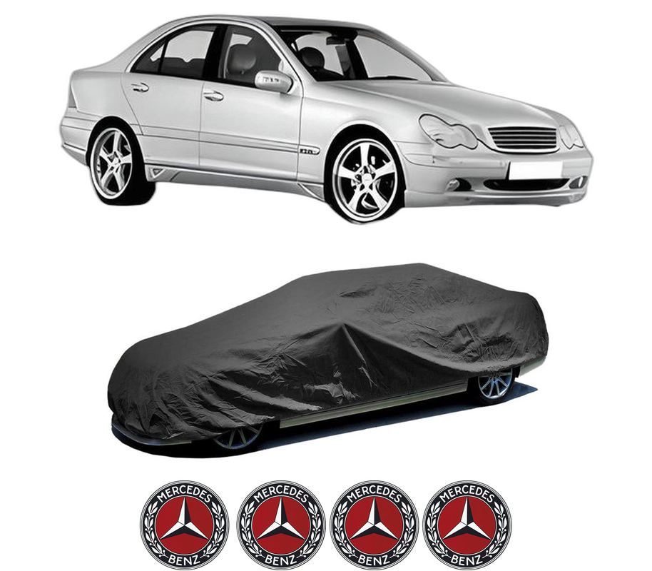 Husa tip prelata auto pentru MERCEDES-BENZ C-CLASS (W203) din 2000-2007, Culoare Negru, material textil impermeabil, rezistanta la intemperii praf UV, CARPASSION Husa Protectie, 4 Stickere auto cu MERCEDES-BENZ