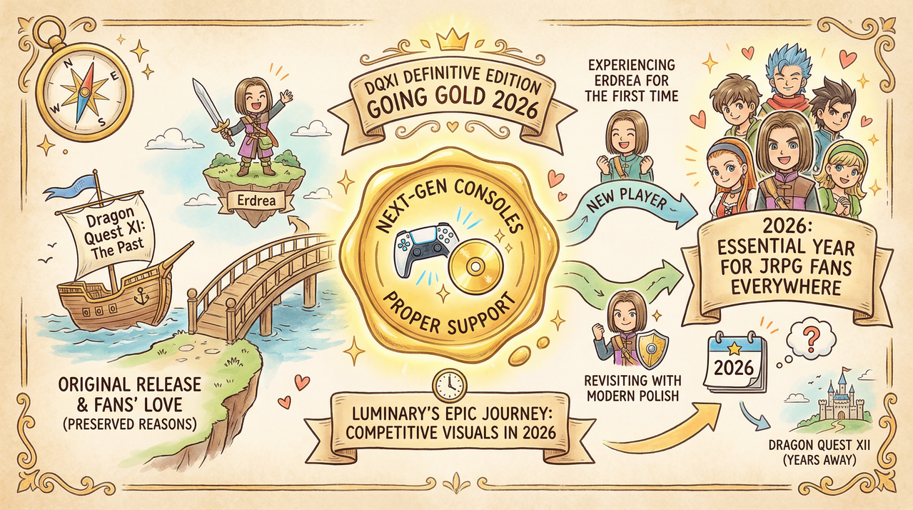 Dragon Quest XI Goes Gold - Definitive Edition Coming to PS5 and Xbox Series X|S in 2026 1 JRPG gaming setup with controller and colorful fantasy game interface