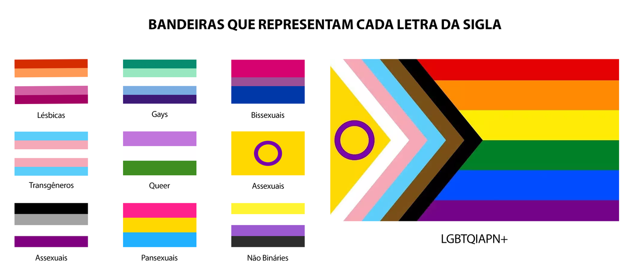 Bandeiras que representam cada letra da sigla LGBTQIAPN+