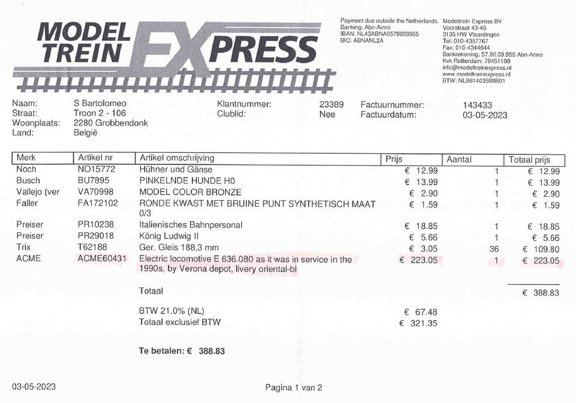 Modeltreinexpress - Ordine 143433 - ACME Art 60431 - E636 080 - €223,05