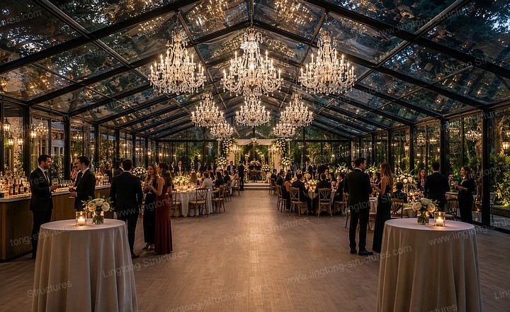 Wine tasting event inside atrium tent with tasting tables and natural light