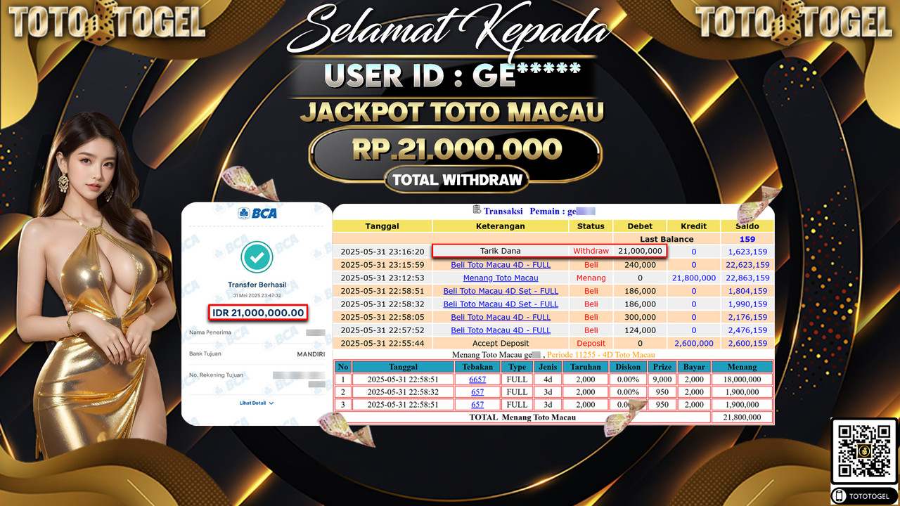 Bukti Pembayaran Jackpot Permainan Togel Toto Macau ID:GE***** LUNAS