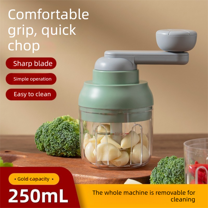 Manual Mini Garlic Chopper & Food Processor 250ml Portable Hand-Crank Mincer for Garlic, Meat, and Baby Food – Matcha Green