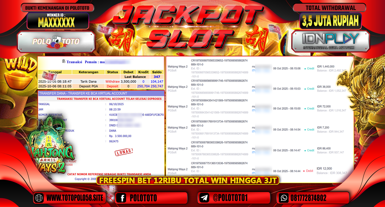 POLOTOTO JACKPOT SLOT MAHJONG WAYS 2 Rp.3.500.000,- LUNAS